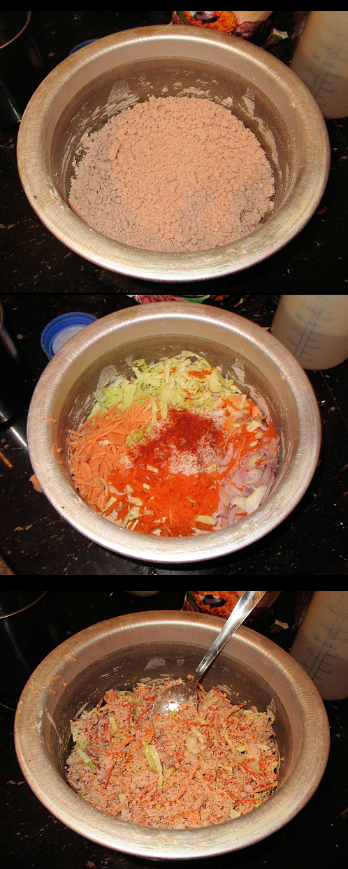 Three steps to mixing pittu: crumbly dough; add vegetables; mix lightly