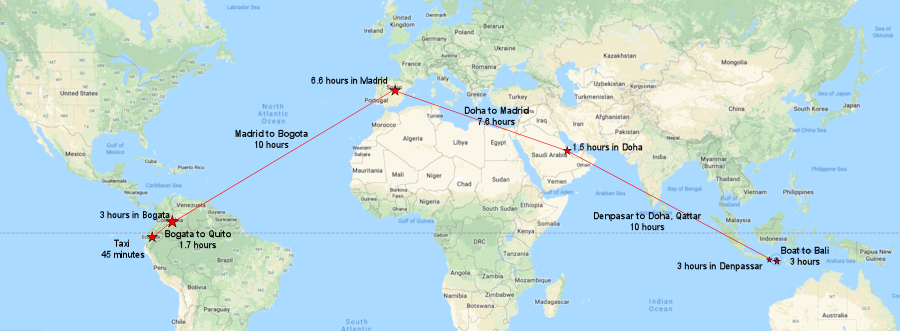 Flight map of my long-haul journey from Indonesia to Ecuador