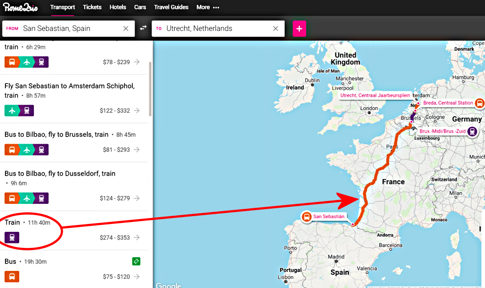 San Sebastian to Utrecht as showin on Rome2Rio.com