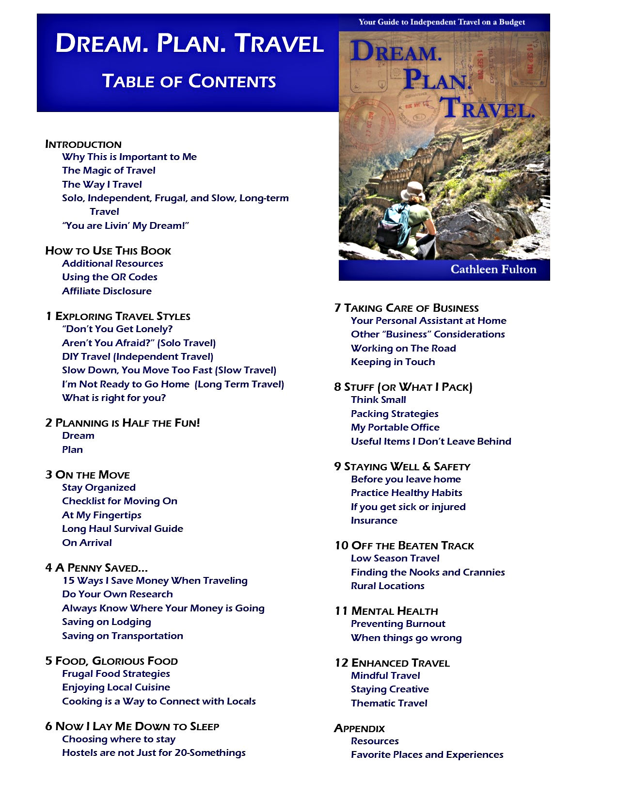 Table of Contents for Dream. Plan. Travel.
