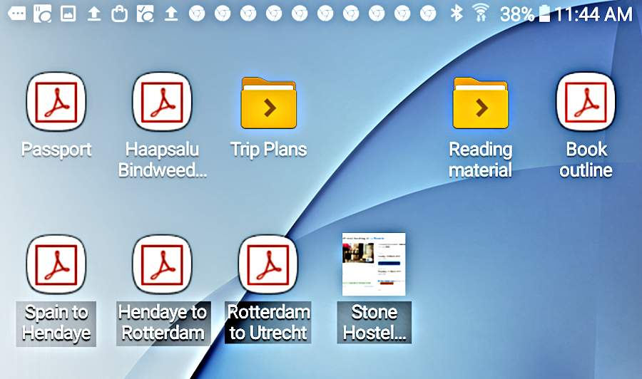 Image of the homescreen on my tablet where I have shortcuts to all my travel documents.