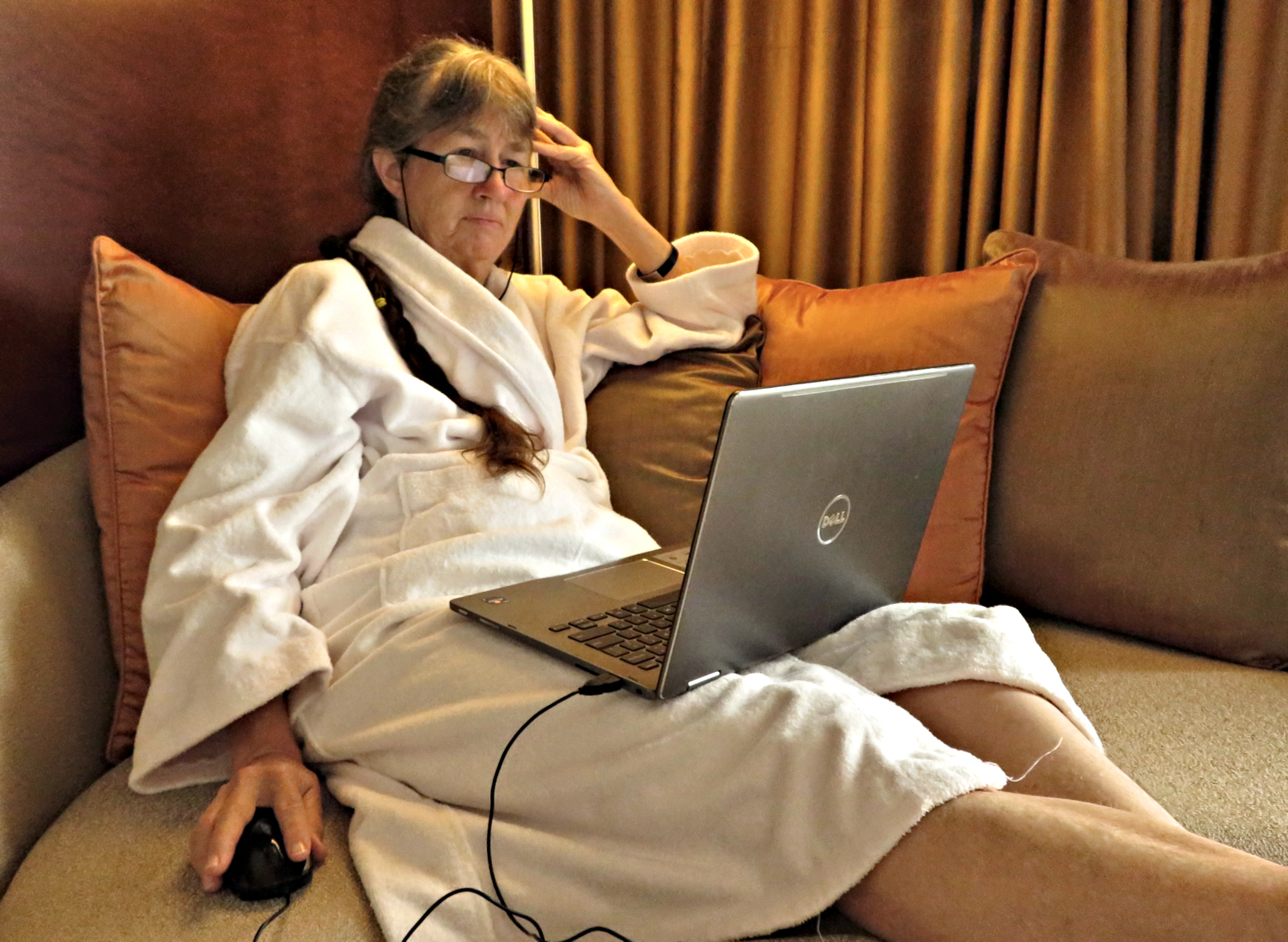 Cathy relaxing at the Grand Hyatt in Kuala Lumpur