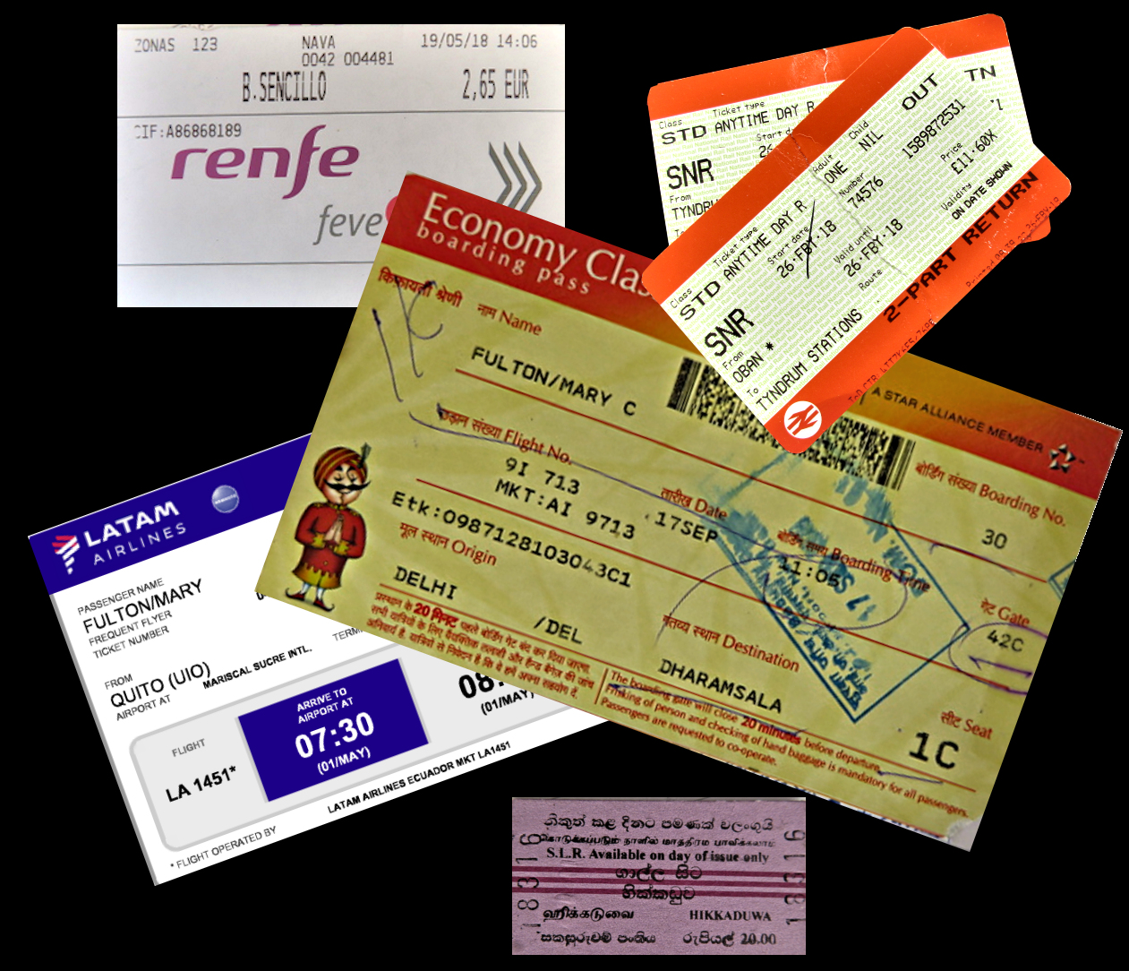 A montage of various train, air, and bus tickets.