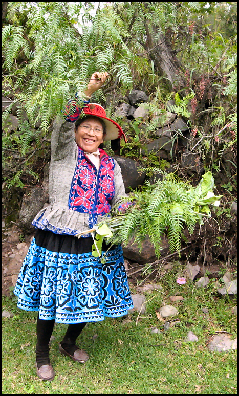 Quechua woman gathering leaves for making natural dye for yarn.