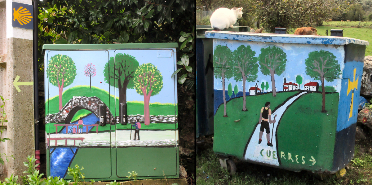 Small murals on trash bins and utility boxes