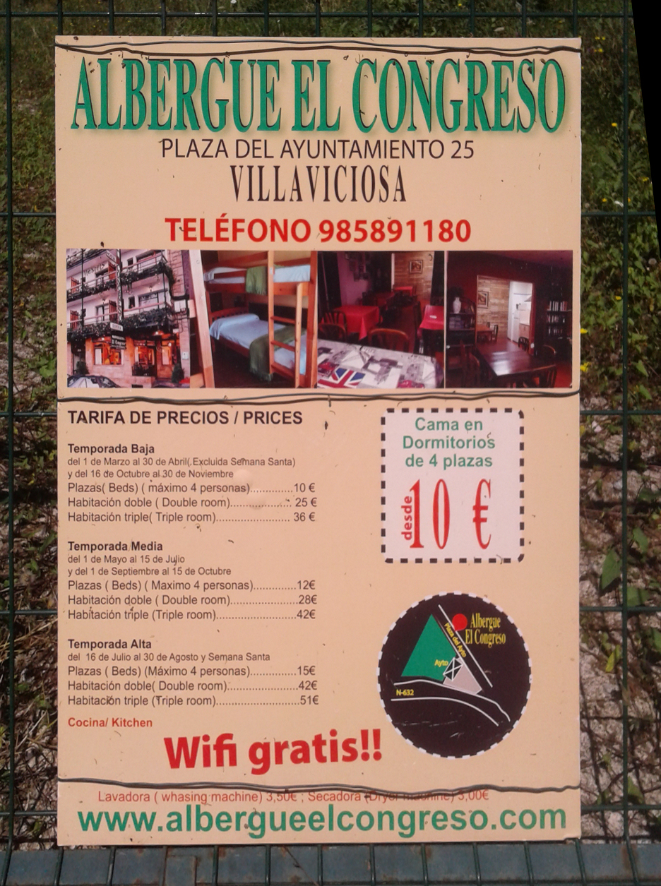 Poster advertising Alburgue el Congreso's amenities and price