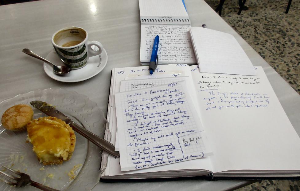 My journal along with a sweet and cafe con leche in a cafe in Villaviciosa