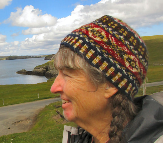 Photo of Cathy wearing a Shetland Peerie cap