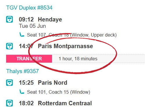 Train itinerary showing I have a short transfer time.