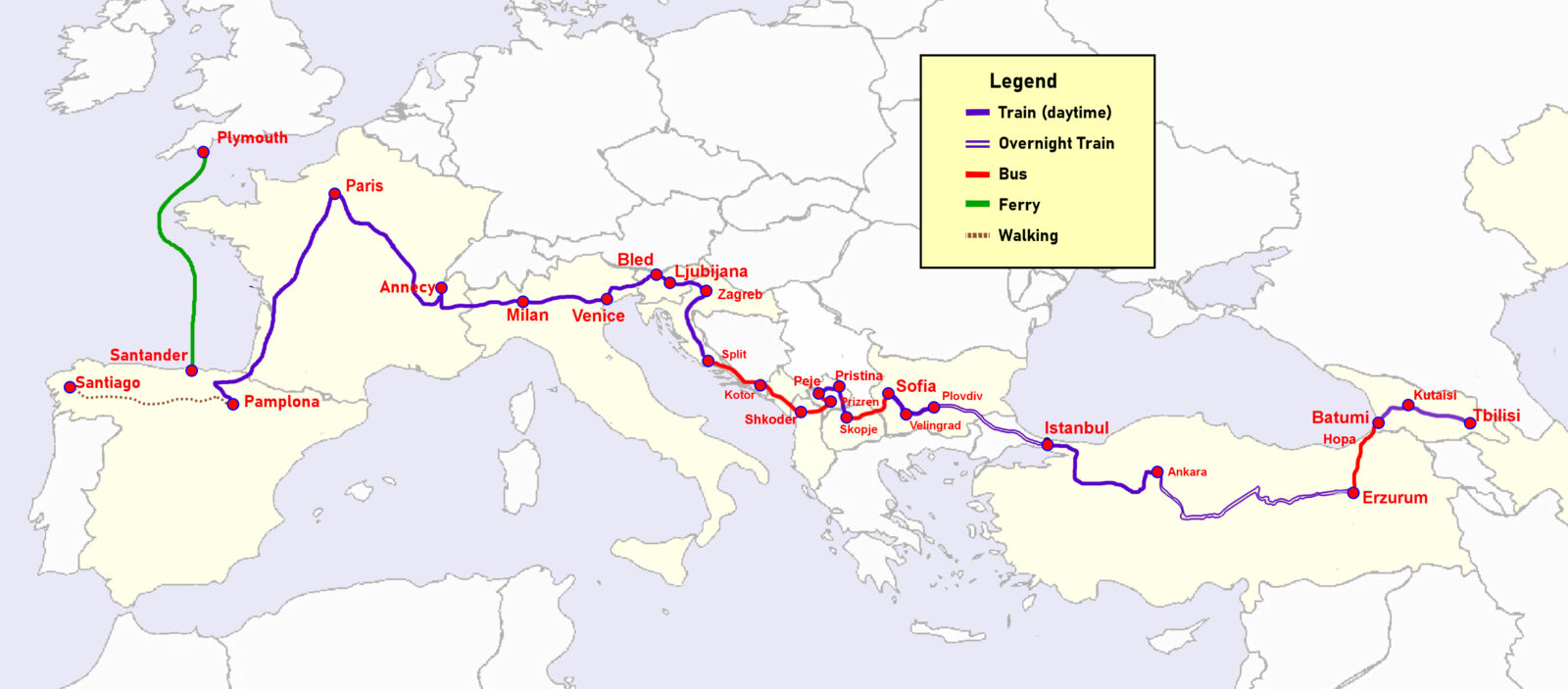 Map of the intended version of my journey from Georgia to Spain and beyond.
