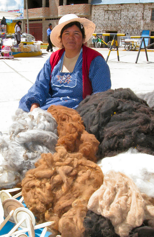 Graciela with her alpaca fiber at the Acora market