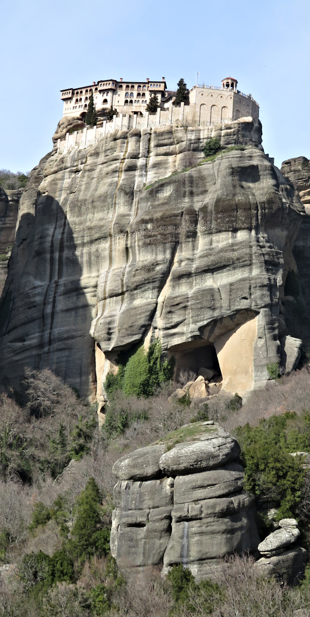 Great Meteora Monastery shown from the bottom of its cliff.