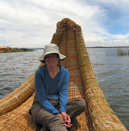 Riding in a reed boat in the Uros Islands.