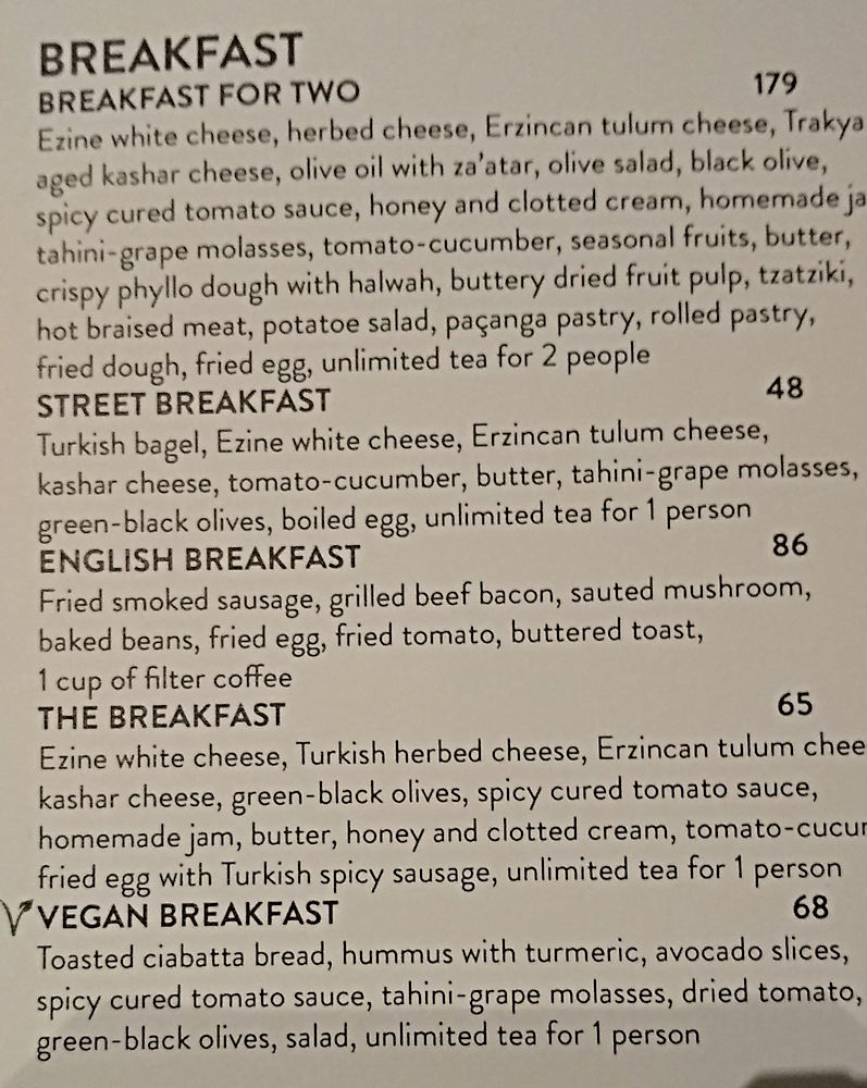 Breakfast menu at Kuff Cafe in Istanbul