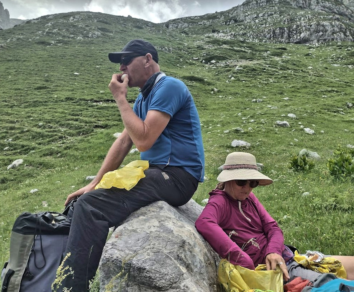 Nev and Cathy eating lunch at the top of Prolipsit pass.