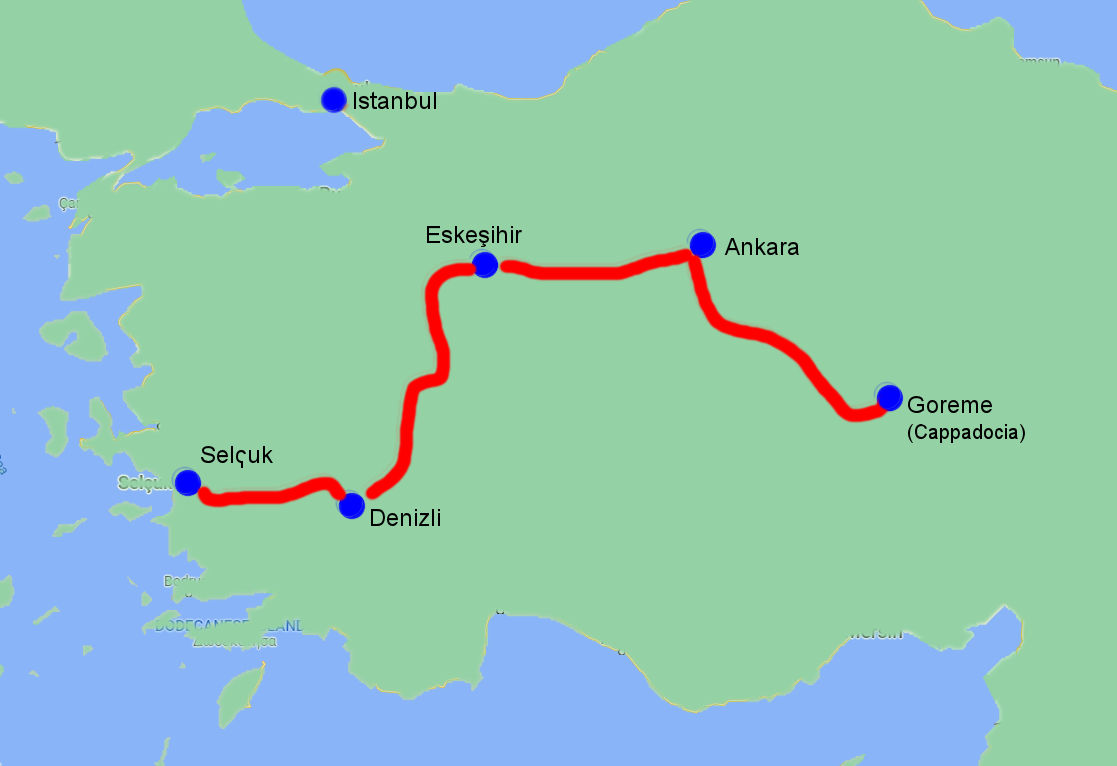 Map of Turkey showing my train route