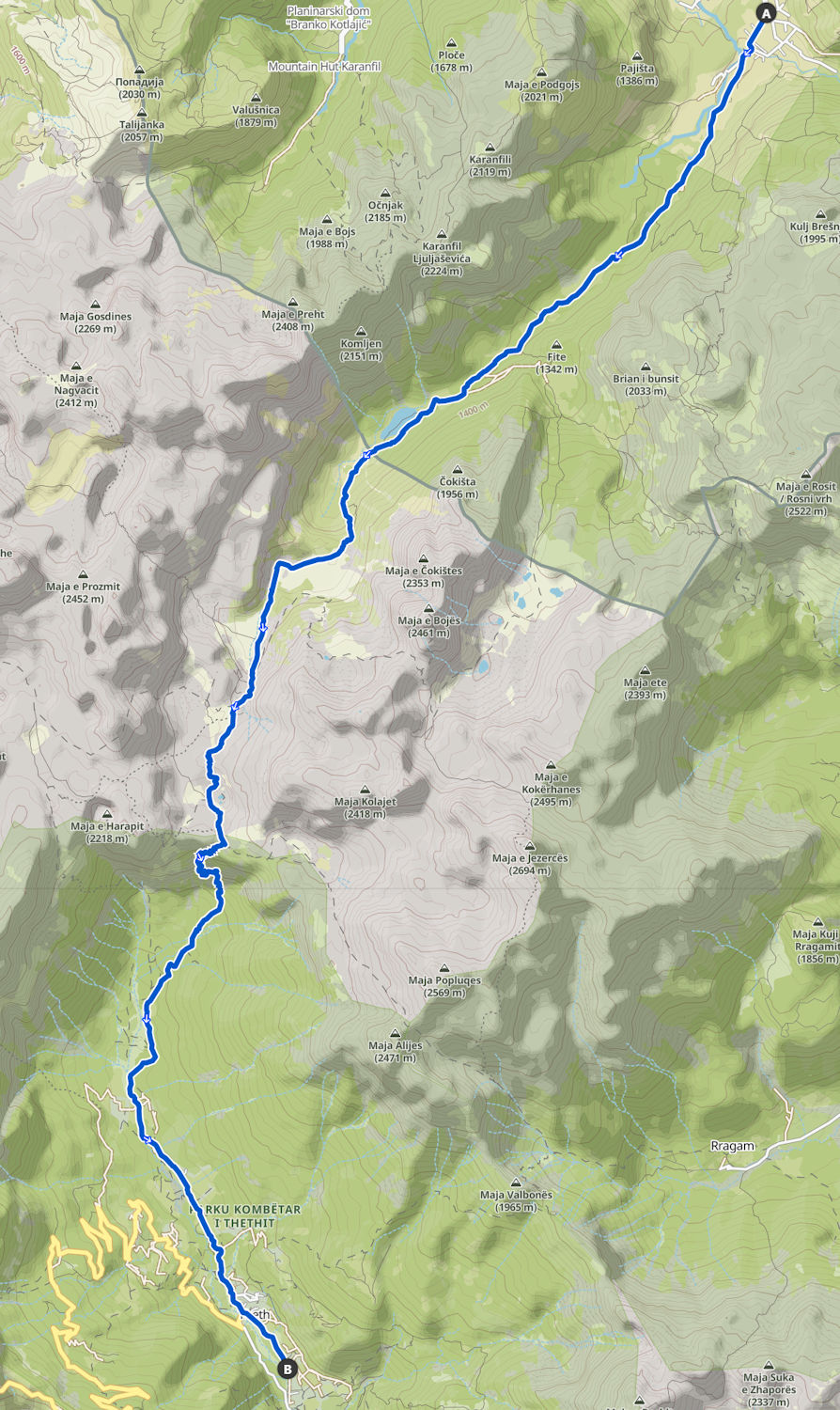 Trail map of the Vusanje to Theth segment of the Peaks of the Balkans trail
