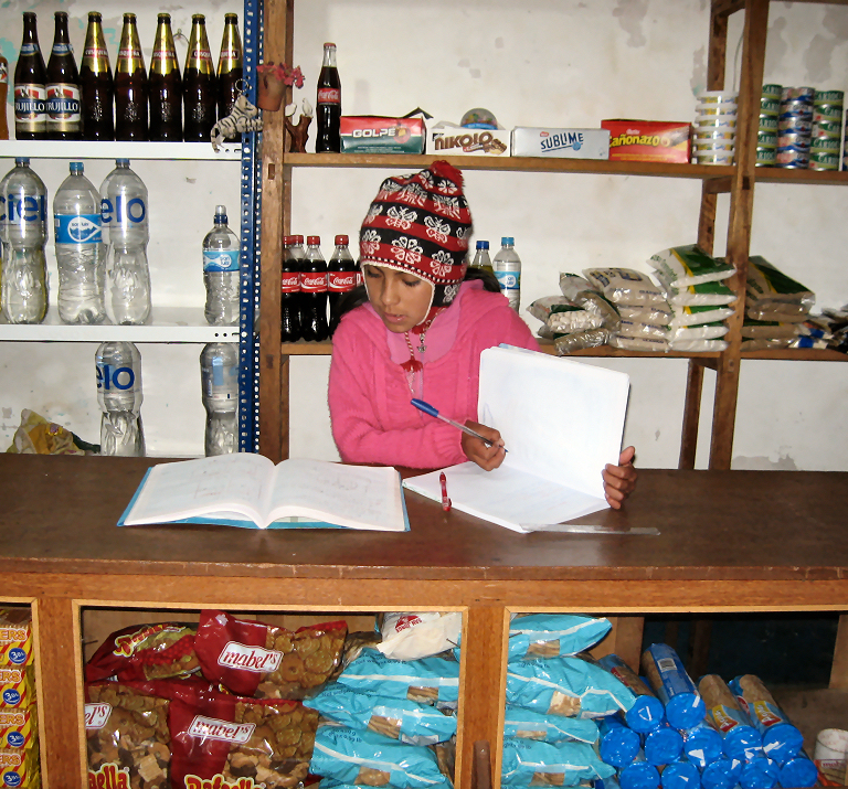 Meliza doing her homework in her tienda on Amantani