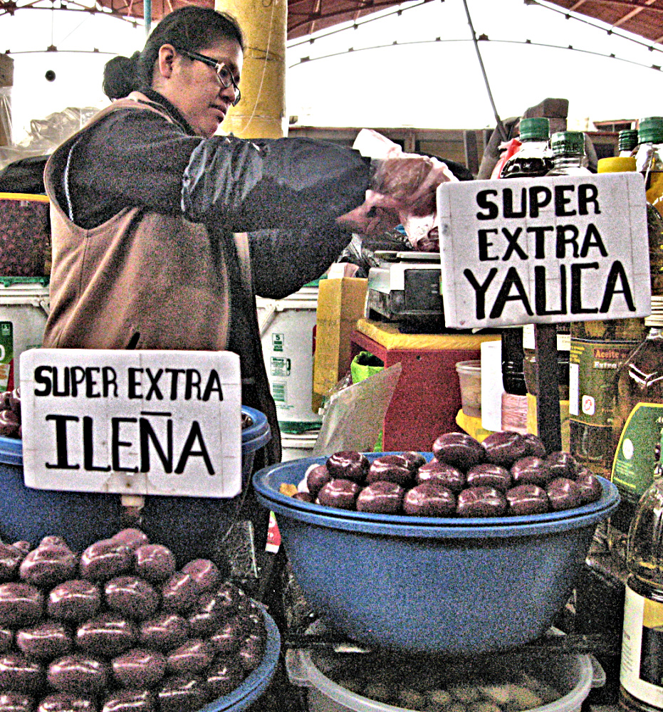 Olive Vendor in San Camillo Market in Arequipa