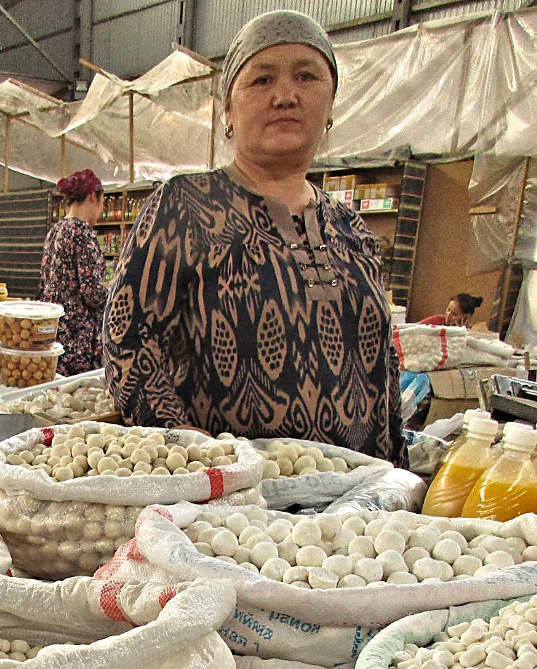 Kurut vendor in the Osh Market in Bishkek