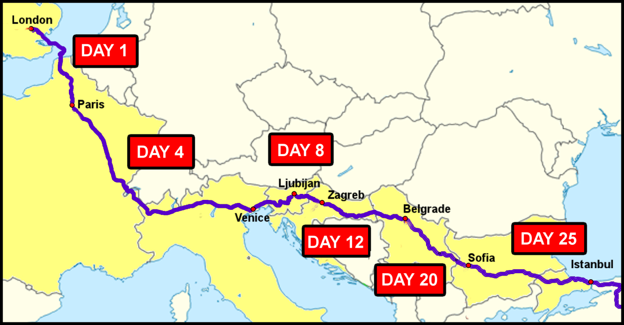 Map showing preliminary itinerary for trip from London to Tbilisi