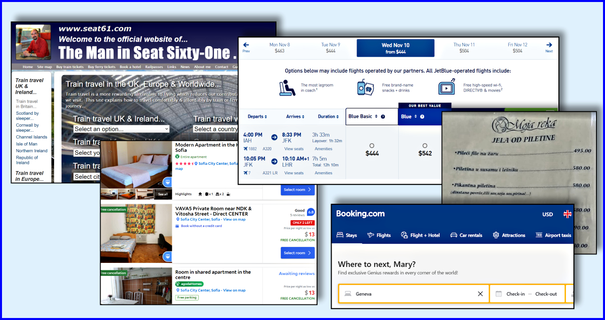 Screenshots of various websites I use for making travel reservations