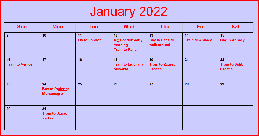 Sample of Planning Calendar