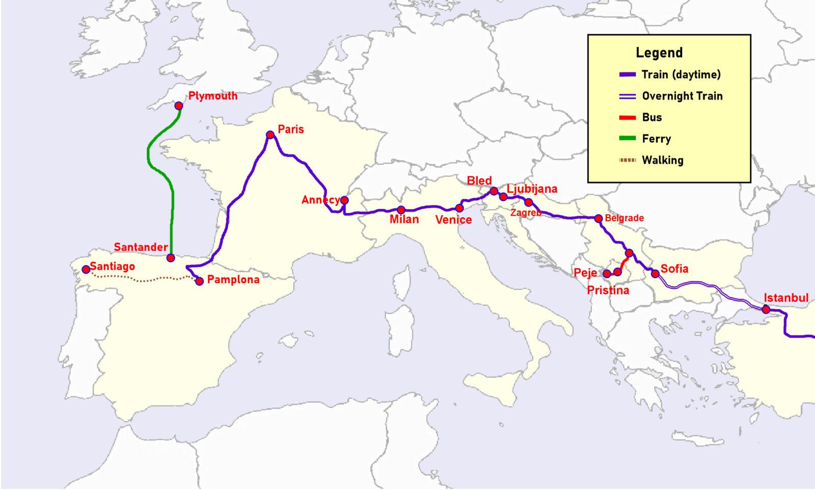 Map of the train journey from Istanbul to the UK