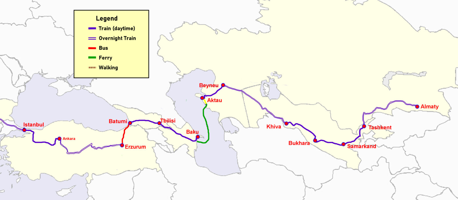 Map of the Train Journey from Almaty to Istanbul