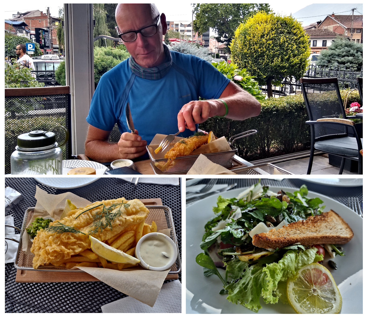 Nev eating fish and chips and a nice sandwich and salad for Rebecca.