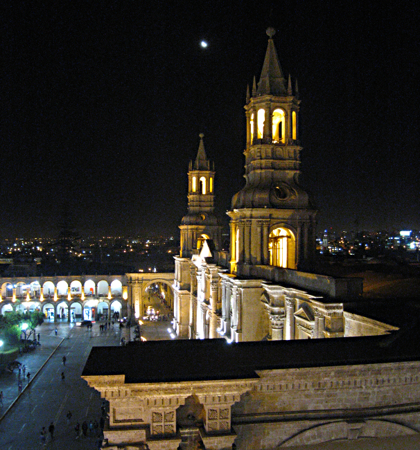 Cathedral at night in the Plaza de Armas in Arequipa