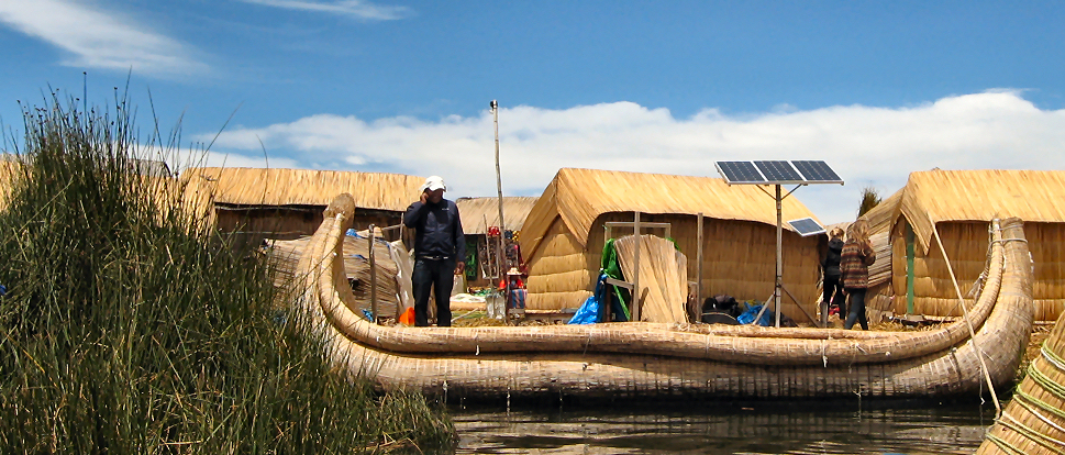 Reed boat in front of one of the Uros Islands on Lake Amantani