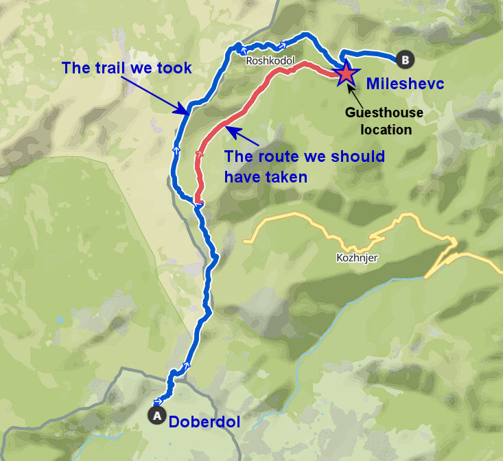 Route maps of Day 3 showing the route we followed alongside the route we should have followed.