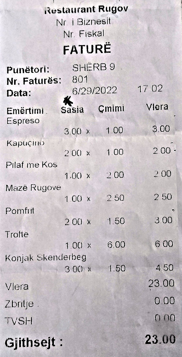 Receipt totaling 23 Euros