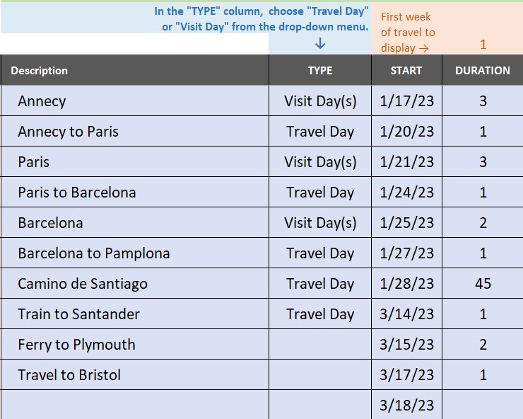 Screenshot of an example Travel Planning Calendar spreadsheet