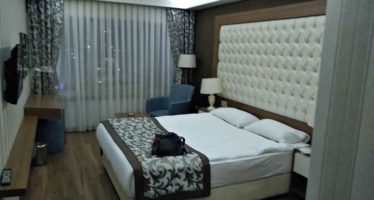 Double bed in a hotel room in Ankara, Turkey