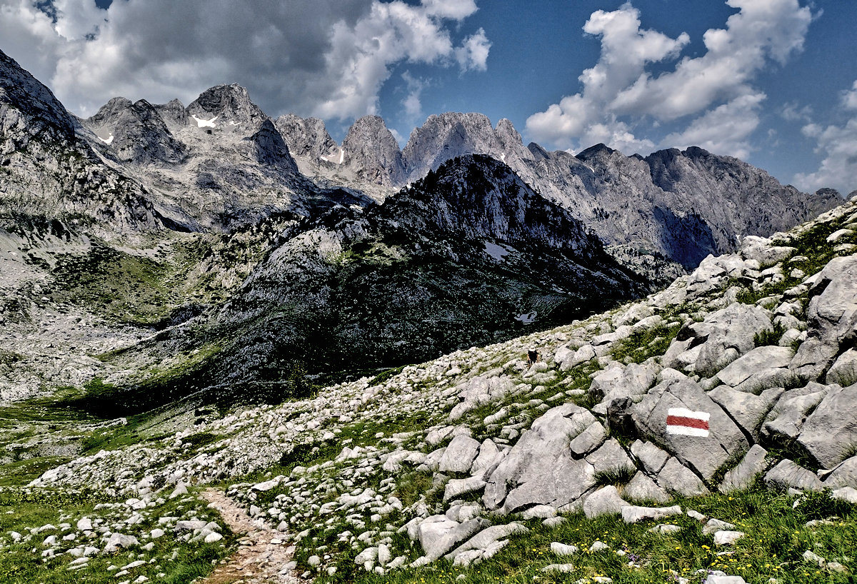 Rugged mountain peaks between Vusanje and Theth on the Peaks of the Balkans Trail.