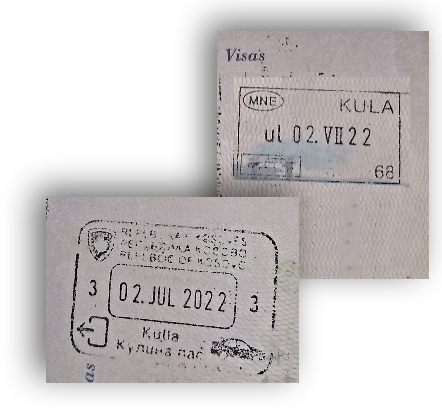 Passport stamps--One for exiting Kosovo and one for entering Montenegro